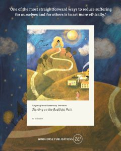 cover of a book with illustration of mountains and the buddha sitting on top of one of them smiling